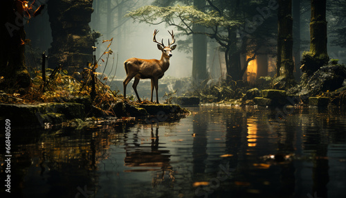 Silhouette of stag standing in tranquil forest at dusk generated by AI