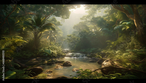 Nature beauty in a tropical rainforest green trees, flowing water generated by AI