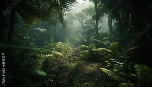 Mysterious fog blankets dark tropical rainforest  revealing nature enchanting beauty generated by AI
