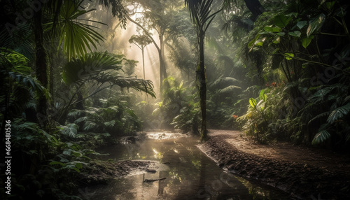 Tranquil scene of a tropical rainforest  a paradise of beauty generated by AI