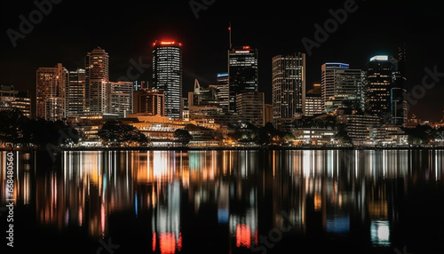 Night skyline reflects in water  illuminating modern city architecture generated by AI