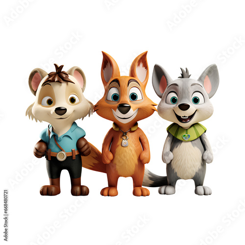 cutout set of 3 cartoon animal toys characters isolated on a transparent background