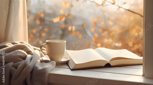 A cup of aromatic coffee and a book on the window