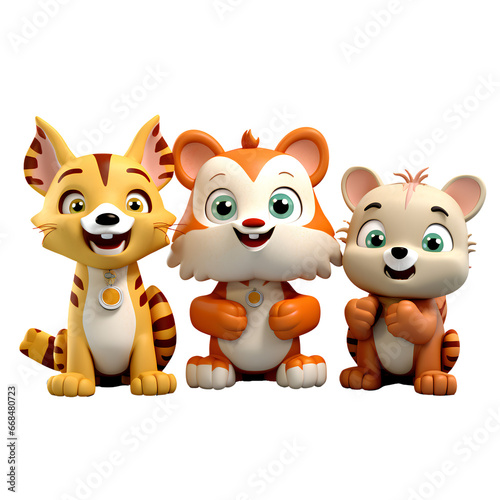 cutout set of 3 cartoon animal toys characters isolated on a transparent background