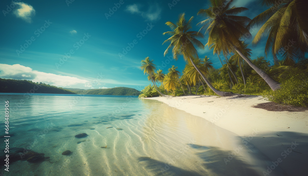 Blue sky, palm trees, sandy beach, tranquil waters, tropical paradise generated by AI