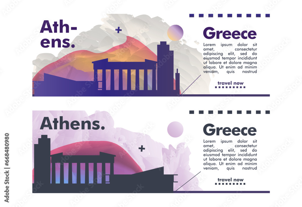 Athens Greece city banner pack with abstract shapes of skyline, cityscape, landmark. Travel vector horizontal illustration layout set for brochure, website, page, presentation, header, footer