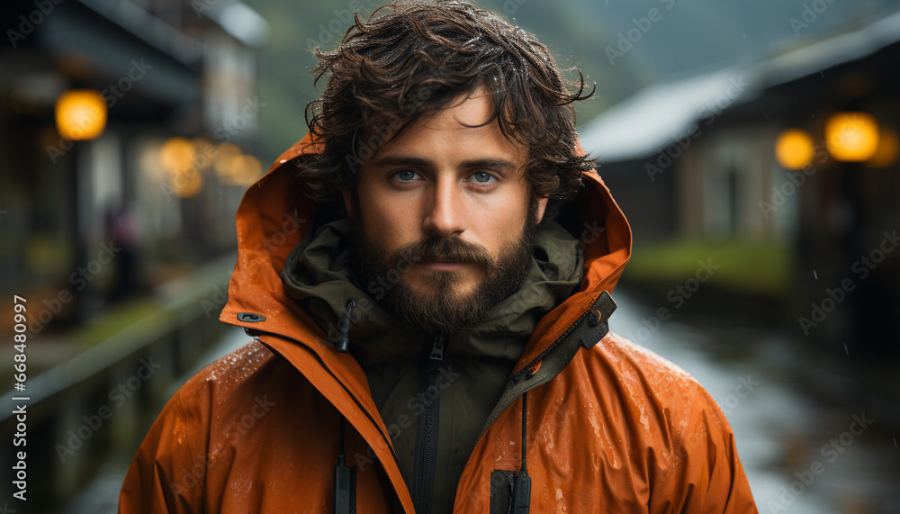 A confident young man in a raincoat standing outdoors generated by AI A confident young man in a raincoat standing outdoors generated by AI