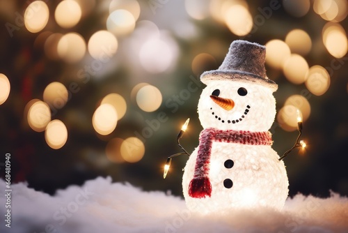 Snowman in LED Lamp Christmas Tree Shape with Bokeh Background, ai generated © Tonton54