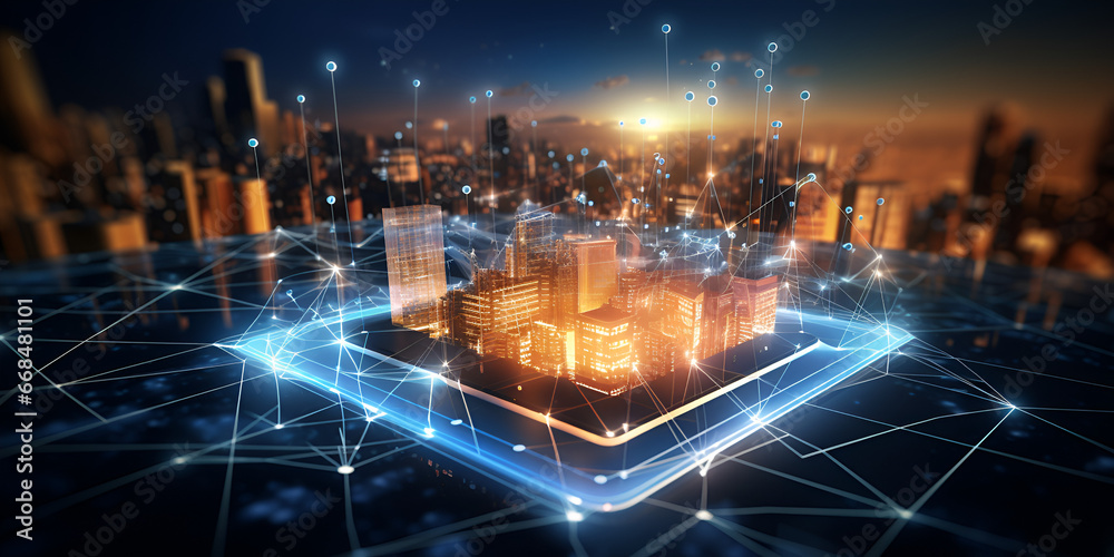 Smart City 5g technology city and digital transformation, technology innovation with data and cyber space, global network and software. Tech evolution, urban development and location with link 
