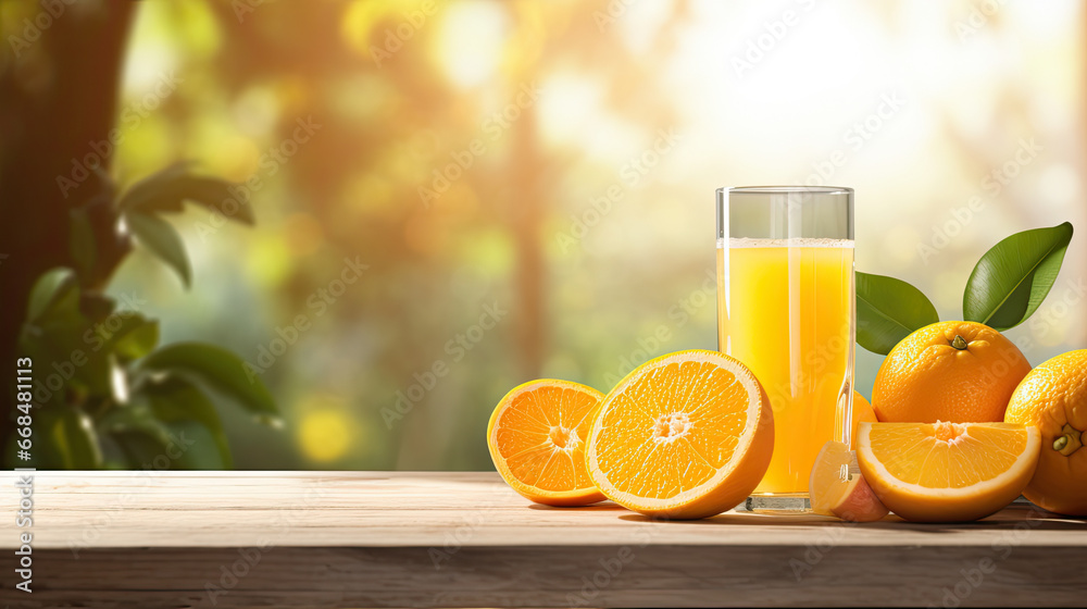 Naklejka premium orange juice on wooden table with sunshine