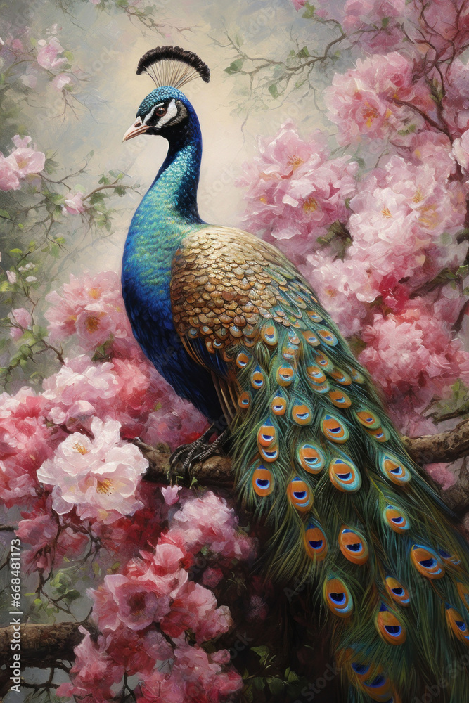 Fototapeta premium A peacock painted with oil paints on flower.