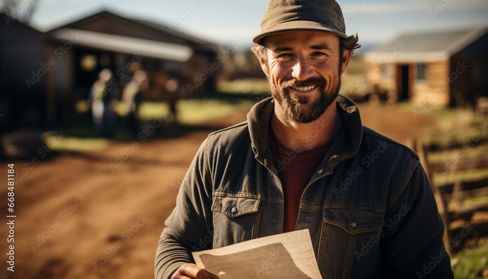 Smiling man, outdoors, working on farm, looking at camera generated by AI Smiling man, outdoors, working on farm, looking at camera generated by AI