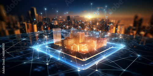 Smart City 5g technology city and digital transformation, technology innovation with data and cyber space, global network and software. Tech evolution, urban development and location with link 