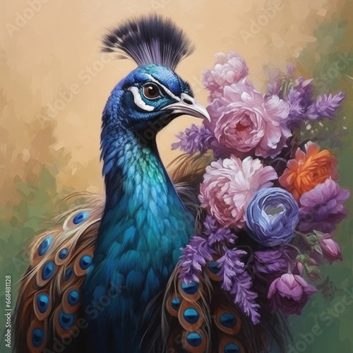A peacock painted with oil paints on flower.