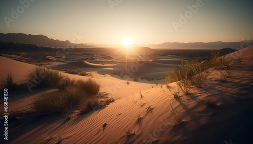 Sunset over the arid African landscape, a tranquil scene of beauty generated by AI