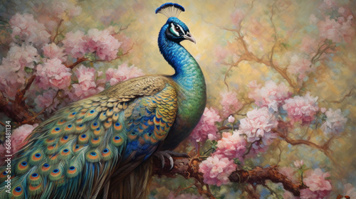 A peacock painted with oil paints on flower.