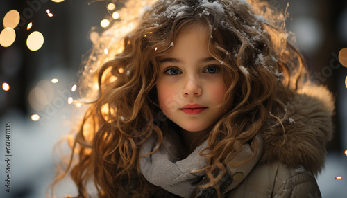 Smiling child, outdoors, cute girl, looking at camera, winter joy generated by AI © Jemastock