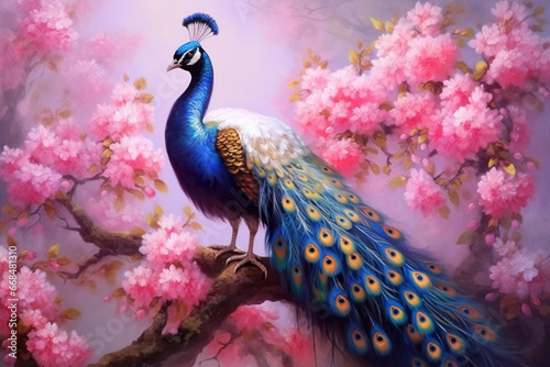 Beautiful peacock painted with oil paints on flower.