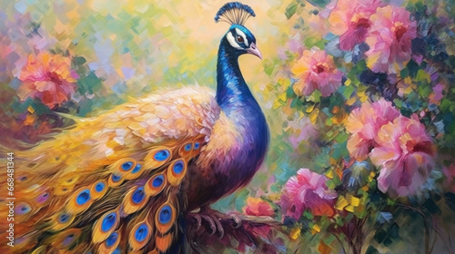 Beautiful peacock painted with oil paints on flower.