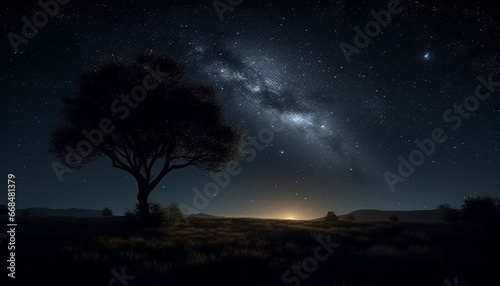 Milky Way illuminates night sky  revealing mysterious star filled landscape generated by AI