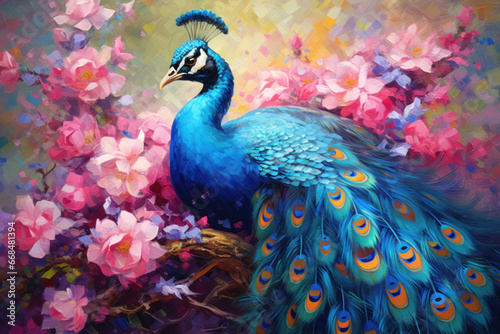 Beautiful peacock painted with oil paints on flower. © tong2530