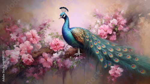 Beautiful peacock painted with oil paints on flower.