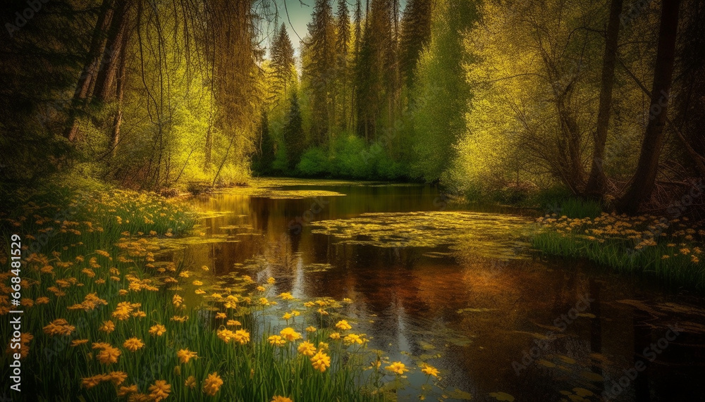 A tranquil autumn meadow reflects vibrant colors of nature generated by AI