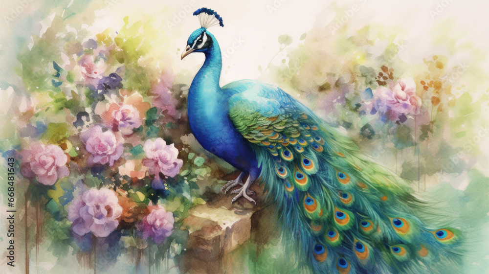 Fototapeta premium A peacock, Watercolor painting of peacock on flower.
