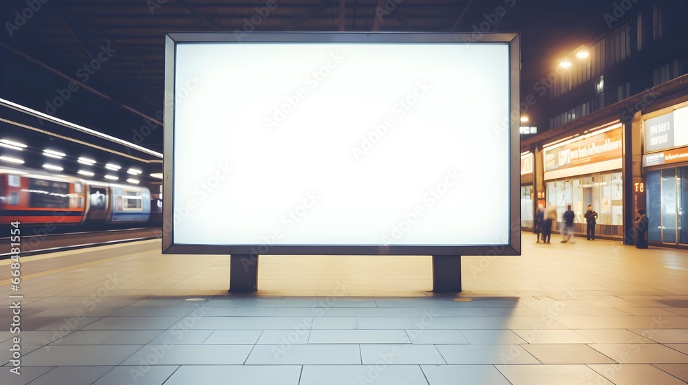 	 Empty blank billboard or advertising poster in a train station with blurred people. Generative AI	