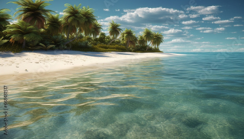Idyllic tropical coastline, palm tree, turquoise water, sandy beach, relaxation generated by AI