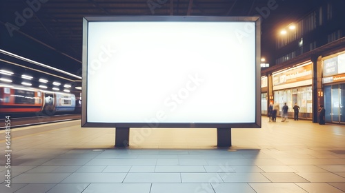   Empty blank billboard or advertising poster in a train station with blurred people. Generative AI  © PINKMAN