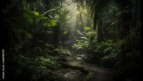 Mysterious tropical rainforest, lush green foliage, tranquil scene, wild animals generated by AI
