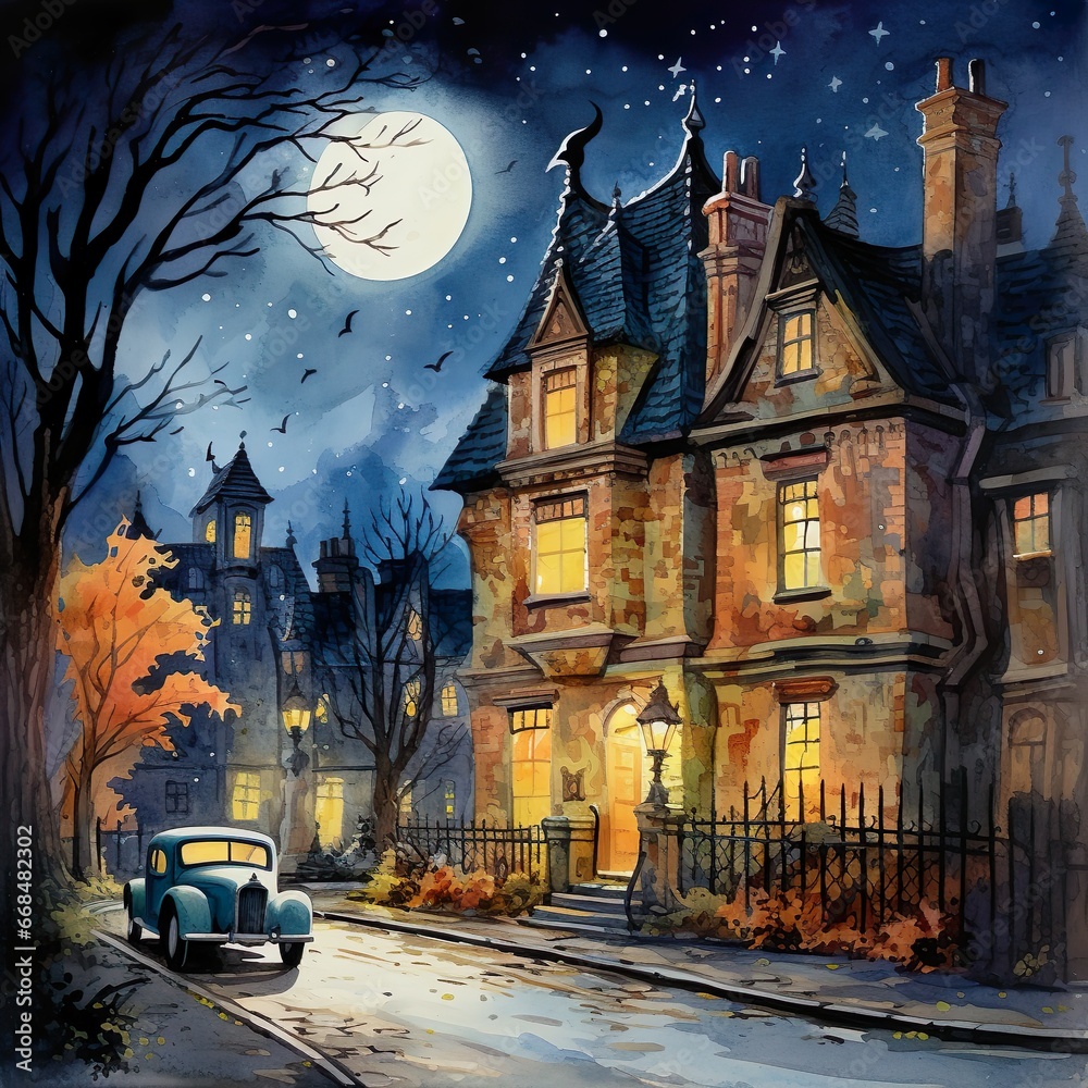 A Watercolor masterpiece a 1940s old town at Halloween with enchanted and bright lights