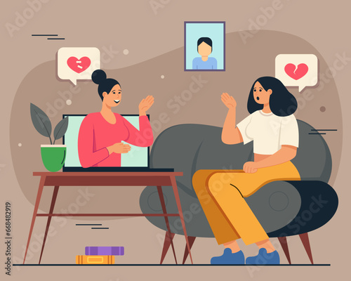 Pretty young woman having online consultation about broken heart. Woman sitting in armchair at home and consulting psychologist using computer. Modern technology, love triangle, relationship concept