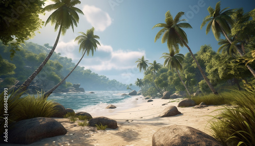 Idyllic tropical landscape with palm trees  sandy coastline  and blue water generated by AI