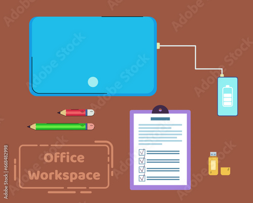 Top view of laptop, smartphone, USB stick, stationery. Vector illustration. Office workplace concept