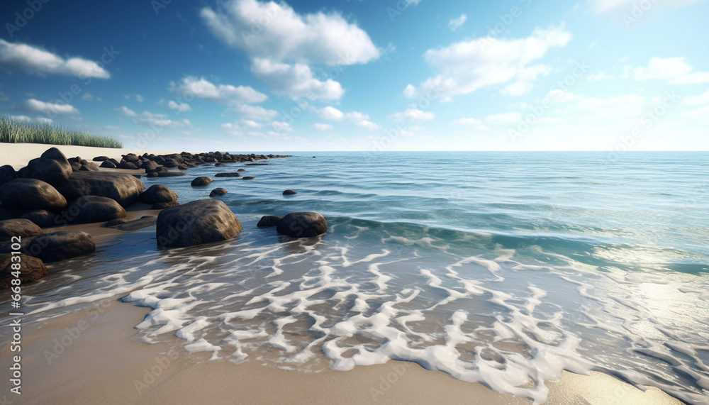 A tranquil seascape with blue waves crashing on sandy coastline generated by AI