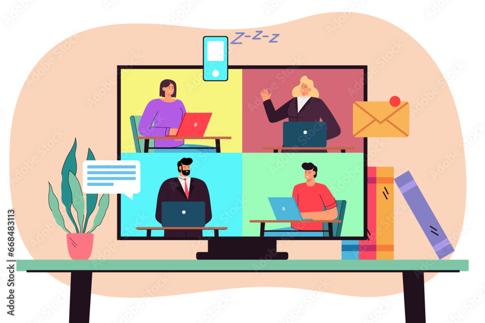 Big computer monitor with business people having online conference. Colleagues using modern gadgets for communication. Flat vector illustration. Corporate communication, business concept