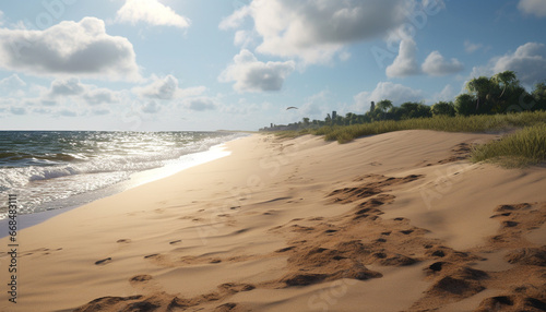 Blue wave crashes on sandy beach  creating tranquil summer scene generated by AI