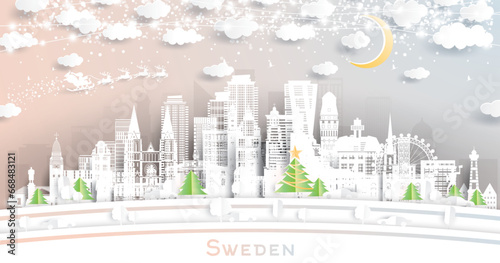 Sweden. Winter city skyline in paper cut style with snowflakes, moon and neon garland. Christmas, new year concept. Santa claus. Cityscape with landmarks. Stockholm. Malmo. Gothenburg.