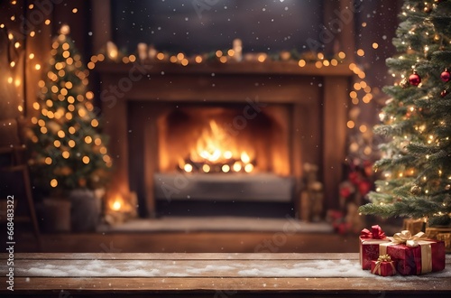 Christmas tree with presents and fireplace at night.