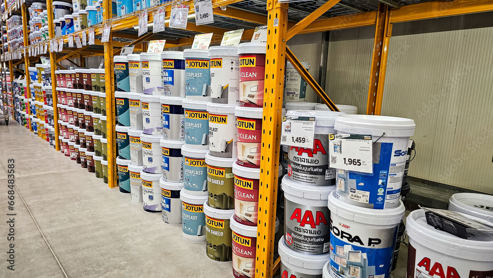 Products in department stores. Buckets of primer and paint, House
