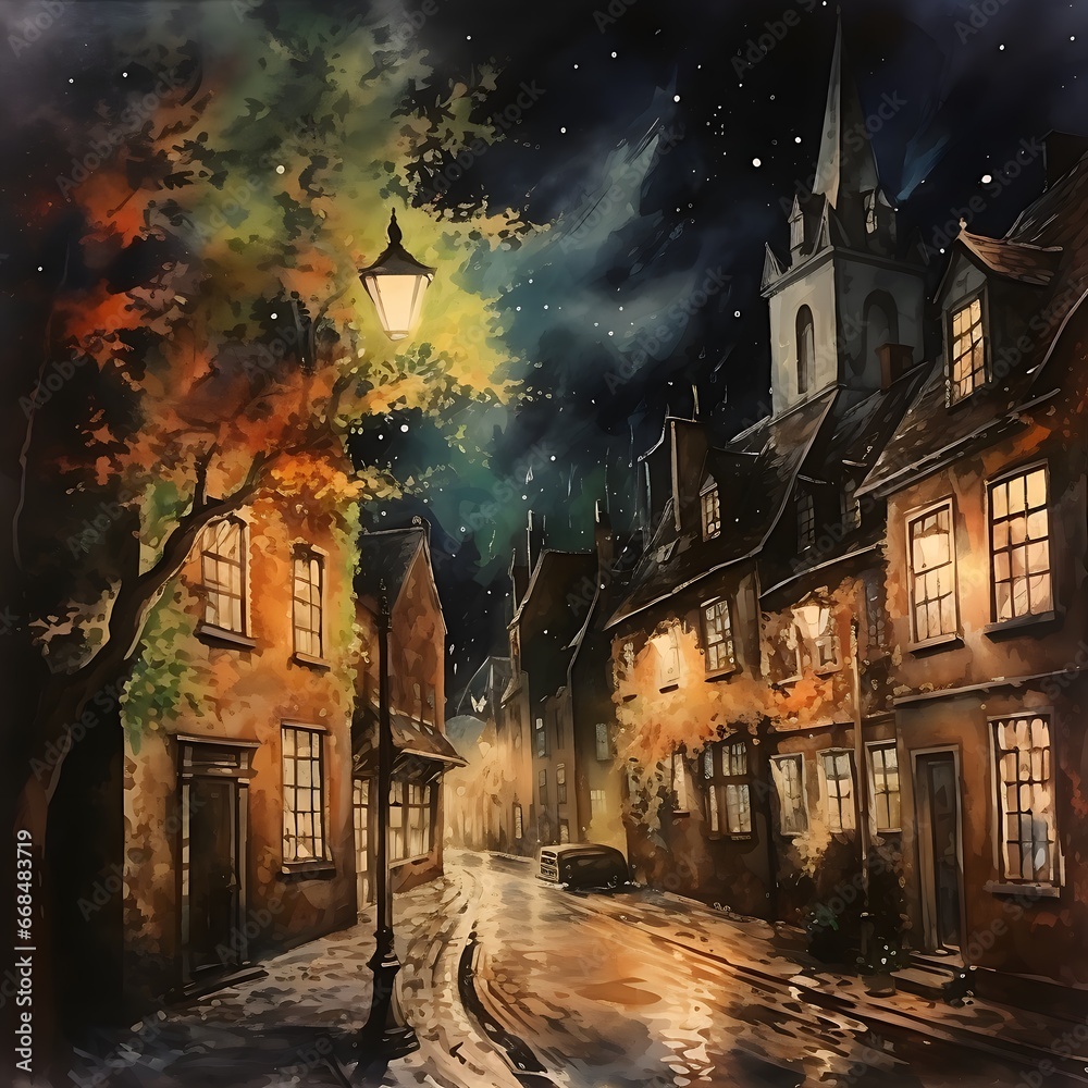 A Watercolor masterpiece a 1940s old town at Halloween with enchanted and bright lights