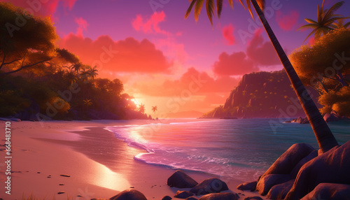 Sunset over a tropical coastline, nature beauty reflected in water generated by AI