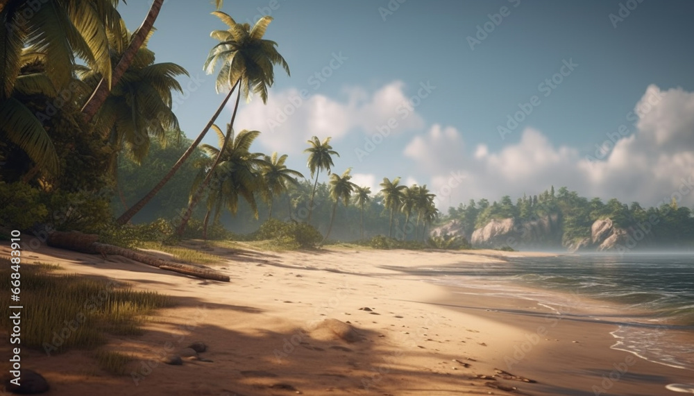 Fototapeta premium Tropical climate, palm trees, blue water, sandy beaches, summer vacations generated by AI