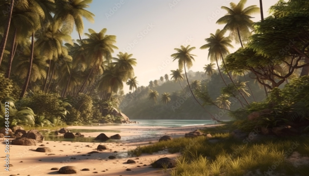 Tropical palm trees sway, sand and waves create tranquil beauty generated by AI