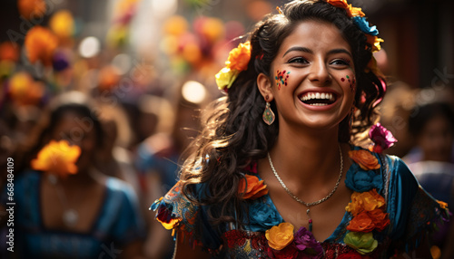 Young women in traditional clothing enjoy a Brazilian music festival generated by AI