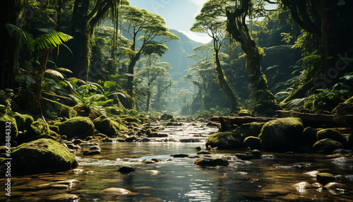 Tranquil scene green forest  flowing water  majestic mountain range generated by AI