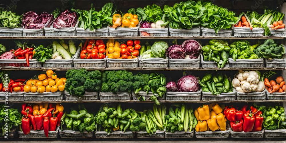 fresh vegetables in basket on shelf in supermarket.