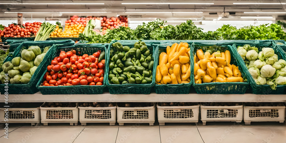 fresh vegetables in basket on shelf in supermarket.